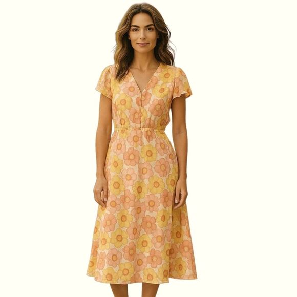 Steve Madden Pink and Yellow Flutter Sleeve Sundress Leigh Midi Chiffon Floral M - Picture 3 of 14